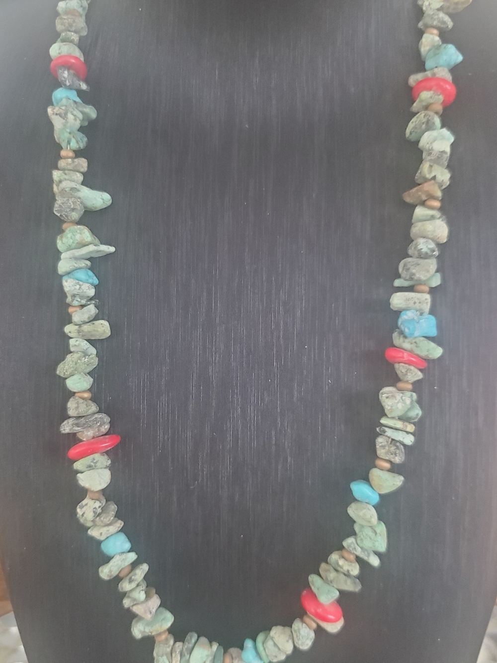 Turquoise Chip Necklace with Coral Accents - 22"